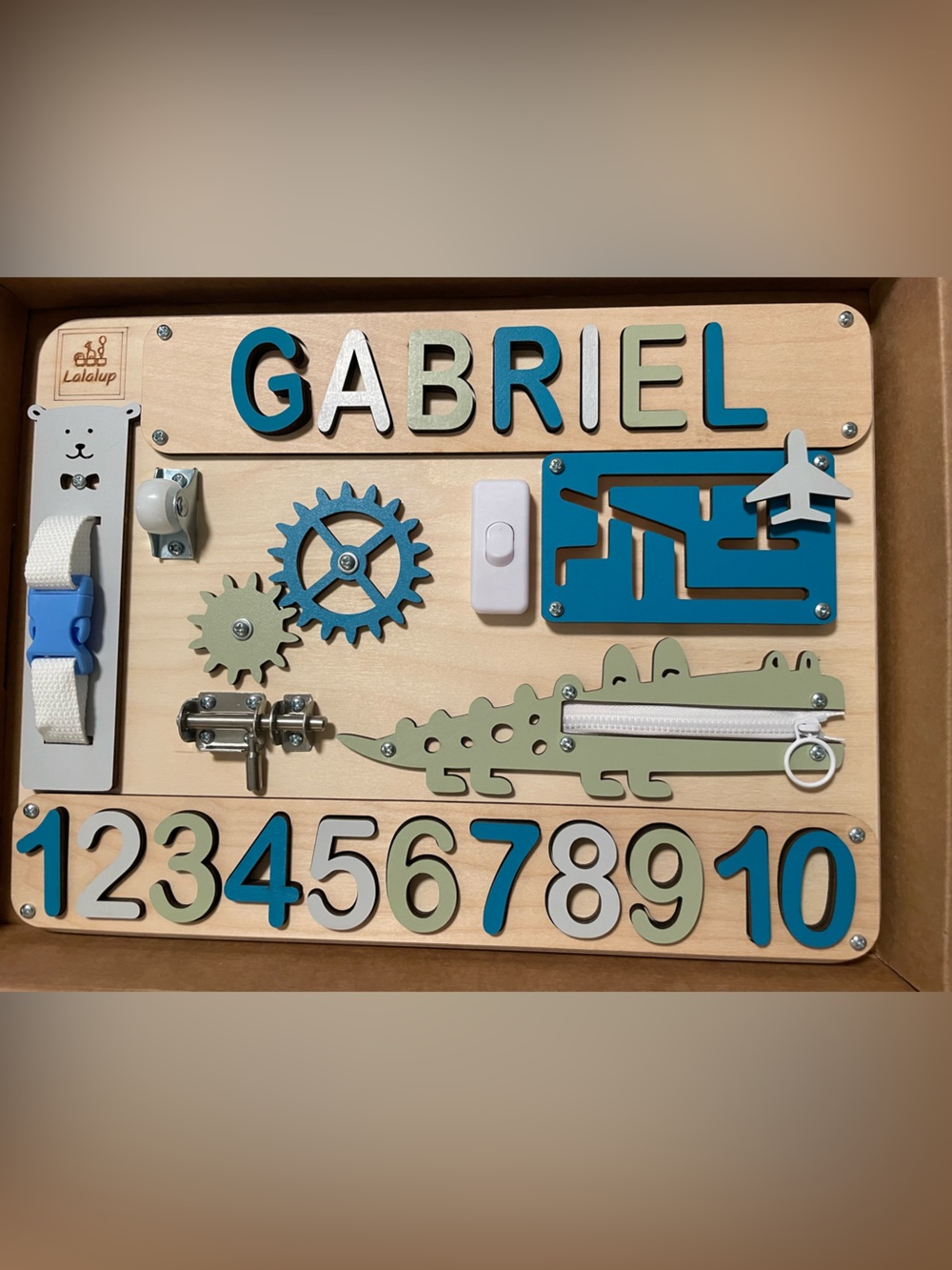 Personalized Gabriel Wooden Activity Board - Blue, Green, White
